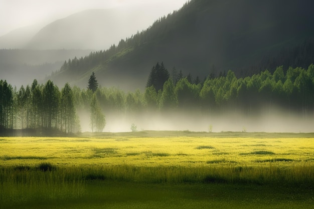 Se puede ver un bosque, algunos campos y algo de niebla al fondo.