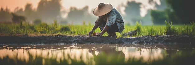 Se puede ver a un granjero indonesio trabajando atentamente en un campo de arroz pacífico en la parte de atrás.