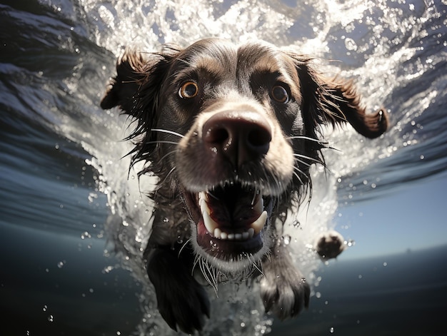 Se puede ver un Labrador Retriever a la luz del sol bajo el agua generada por IA