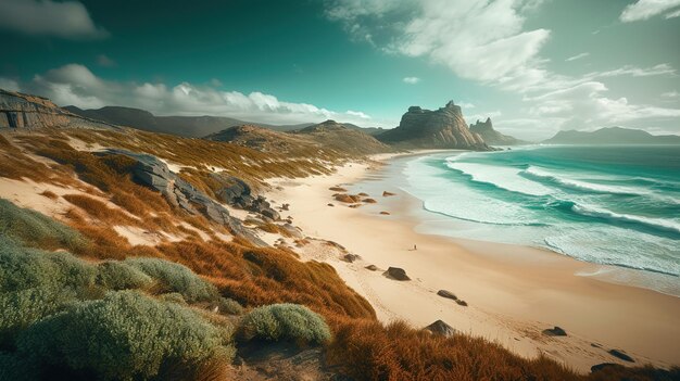 Se puede ver una montaña a lo lejos cuando uno mira hacia la playa.