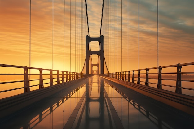 Puente al amanecer Silueta de un puente colgante moderno en la luz de la mañana ar 32 v 52 Job ID 47d05f7cc1e9497e9e9e949a9fd84b48