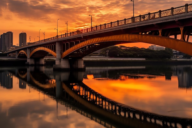 Un puente al anochecer con una puesta de sol de fondo