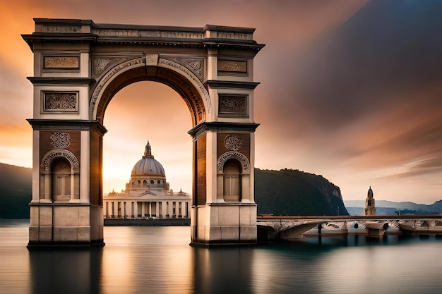 Puente de arco con el edificio en el fondo