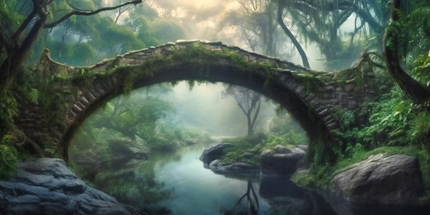 Un puente de arco sobre un río en una jungla