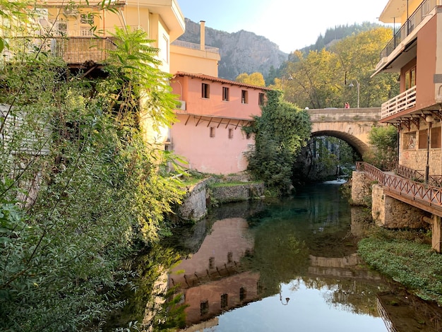 Puente de arco sobre el río en medio de árboles y edificios