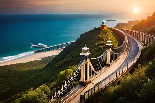 Un puente con un avión volando sobre él.