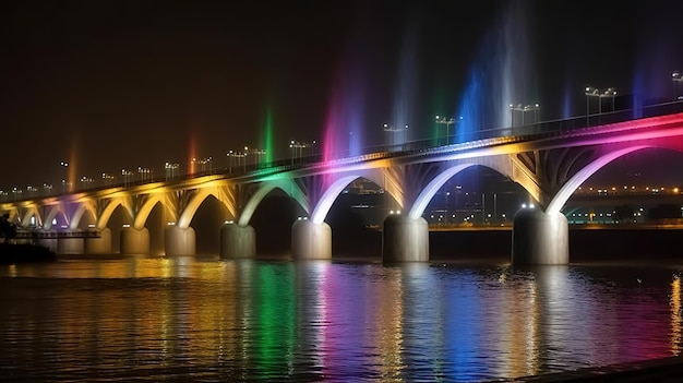 Foto puente banpo fuente de arco iris de la luz de la luna generativo ai