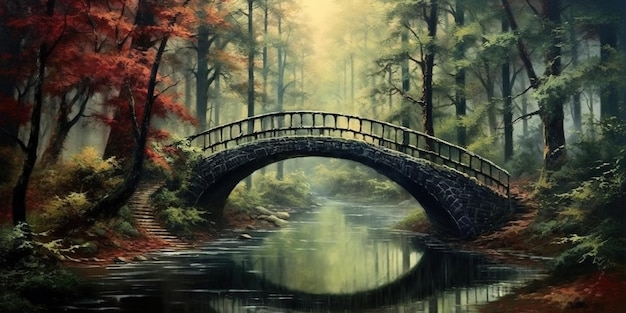 Puente en el bosque sobre el lago