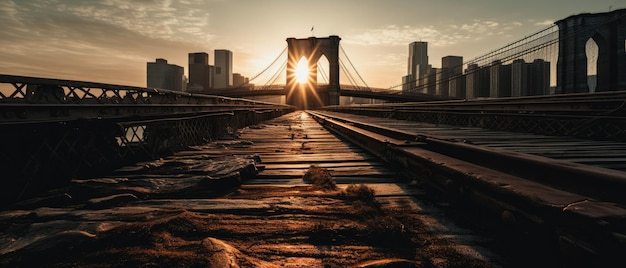 Puente de Brooklyn NY niebla post apocalipsis paisaje abandonado panorama ultrawide arte destrucción vacío