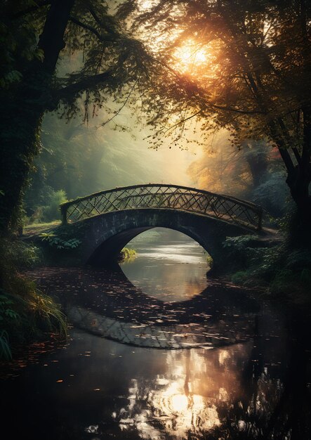 puente brumoso pequeño río parque árboles tael amanecer increíblemente misterioso ciudad celta guau ubicación sueños