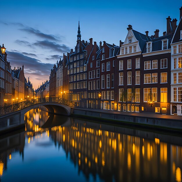 Foto puente del canal y casas medievales por la noche.