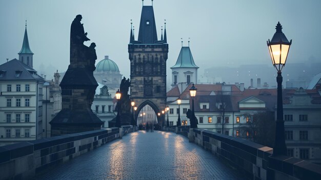 Foto el puente carlos y la torre de observación en praga, chequia