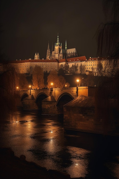 Un puente y el castillo de noche.