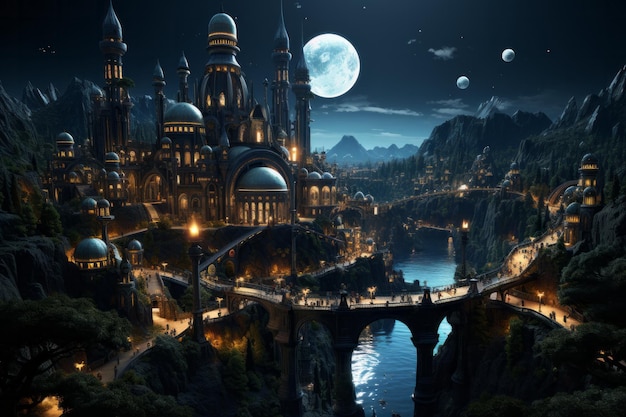 Puente del castillo y río bajo la luna llena Castillo de la princesa en el acantilado Castillo de cuento de hadas en el mo...