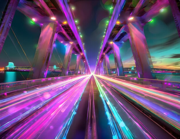 un puente con un coche y luces en él