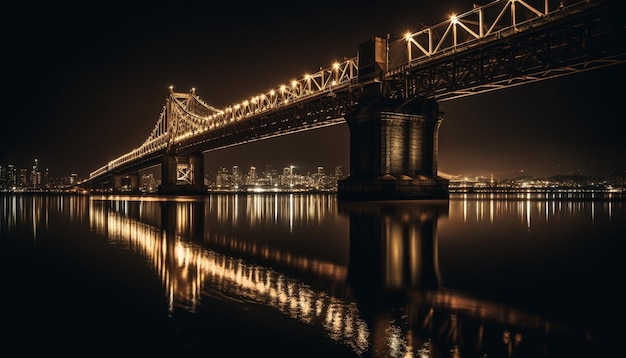 El puente colgante iluminado conecta la ciudad y el paseo marítimo generado por IA
