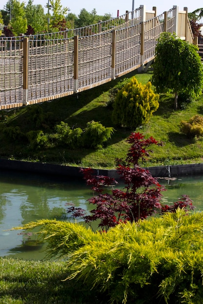 Puente colgante y jardín formal sobre el estanque