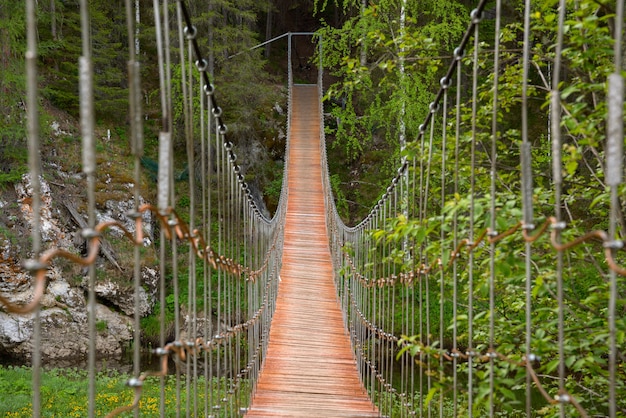 Puente colgante de madera sobre un río en un bosque