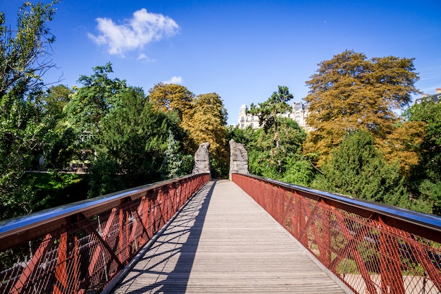 Foto puente colgante en el parque buttes-chaumont, parís