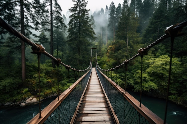 Un puente colgante sobre un río en un bosque