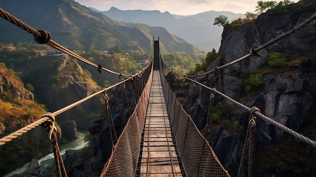 puente colgante sobre el río de montaña en las montañas