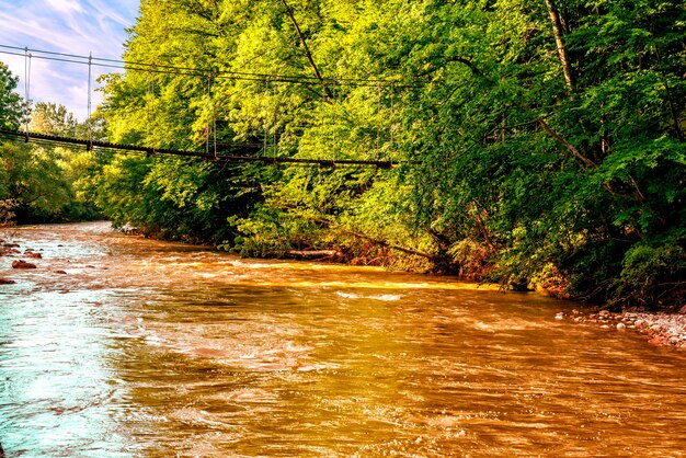 Puente colgante sobre un río rápido y poco profundo