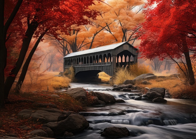 Un puente cubierto histórico rodeado de follaje de otoño