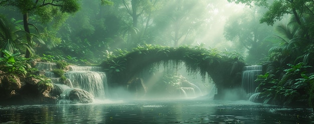 Un puente cubierto de niebla en la exuberante selva tropical