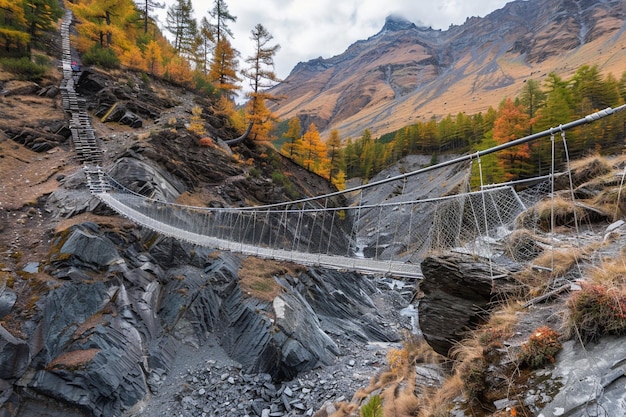 Foto puente de cuerda que cruza un barranco