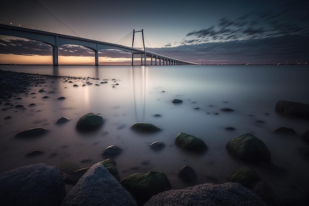 Un puente en la distancia con la puesta de sol detrás de él