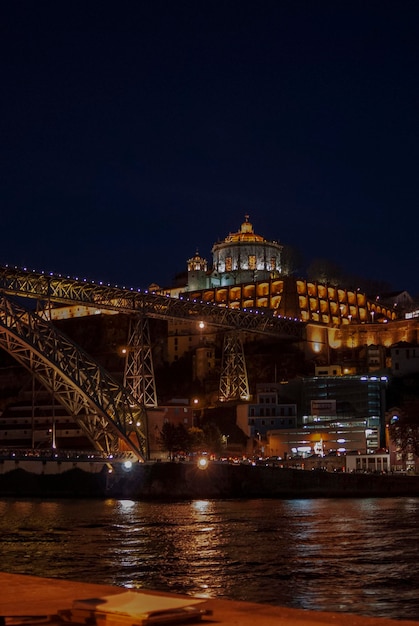 Puente Dom Luis I sobre el río Duero y el monasterio de Serra do Pilar iluminado por la noche