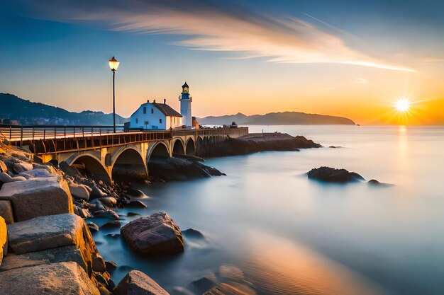 un puente con un faro en el horizonte y un faro al fondo