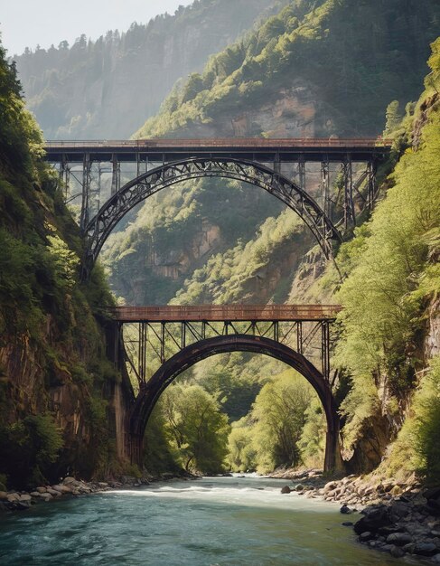 El puente ferroviario de acero atraviesa un desfiladero