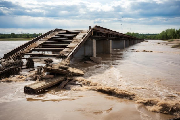 Puente fluvial destruido por daños de agua Estructura de viaje ruina destruir agujero Generar Ai