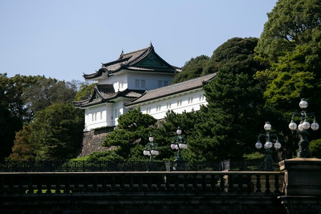 Foto puente frente al palacio imperial japonés en tokio japón enormes muros de piedra rodean honmaru