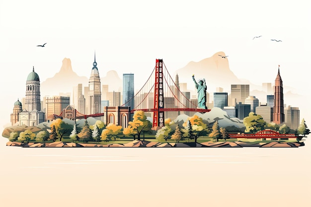El puente Golden Gate en San Francisco o el puente de Brooklyn EE.UU. El gran puente colgante rojo a través del estrecho en América IA generativa