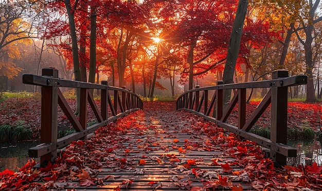 Foto un puente con hojas rojas en él y un puente rojo en el fondo