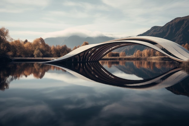 Un puente inspirado en el parametricismo que se extiende sobre un lago sereno