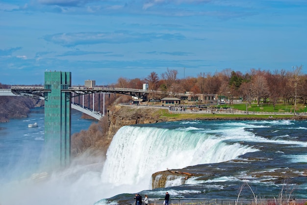 Puente internacional del arco iris sobre el desfiladero del río Niágara desde el lado estadounidense cerca de las Cataratas del Niágara. Es un puente de arco entre los Estados Unidos de América y Canadá. Turistas cerca