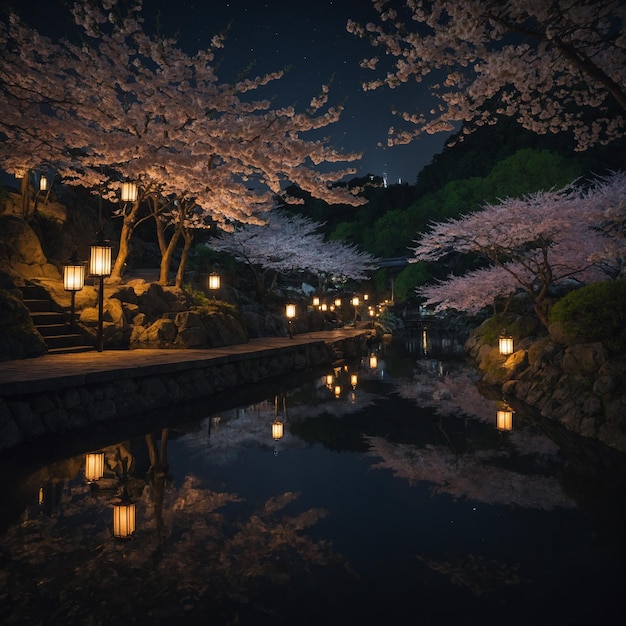 Foto un puente con luces y un puente con un reflejo de cerezos en el agua