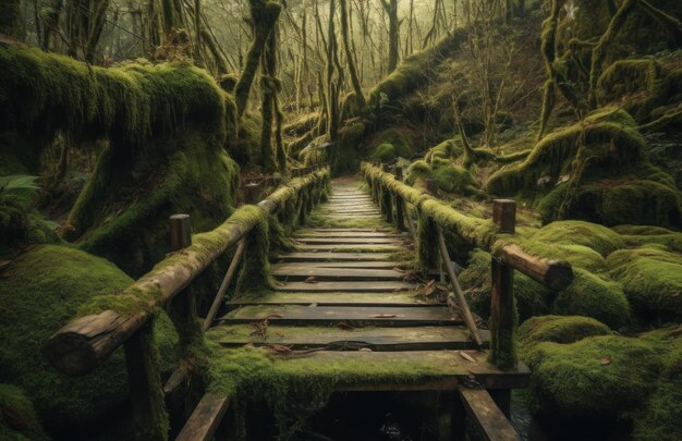 Un puente de madera en un bosque con musgo en el suelo