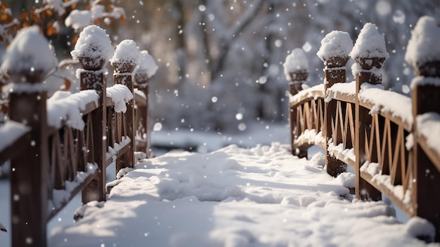 Un puente de madera cubierto de nieve que abraza la pacífica atmósfera invernal IA generativa