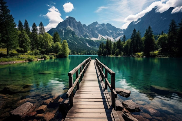 Puente de madera con fondo de lago