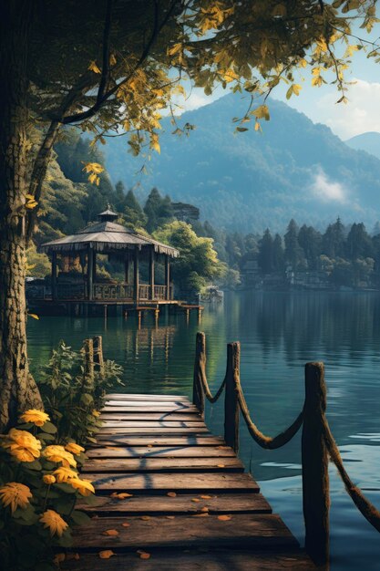 Puente de madera con fondo de lago