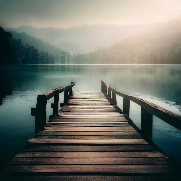 Puente de madera con fondo de lago