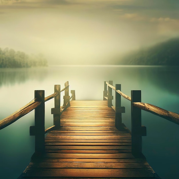 Puente de madera con fondo de lago