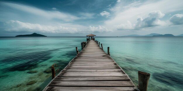 Puente de madera hermosa AI generativa del mar azul