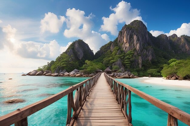 Puente de madera en la isla de Koh Nangyuan en Surat Thani, Tailandia