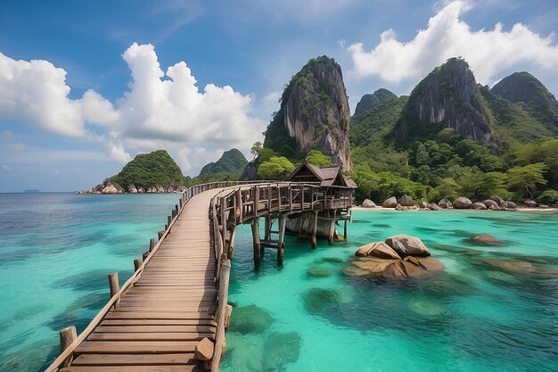 Puente de madera en la isla de Koh Nangyuan en Surat Thani, Tailandia