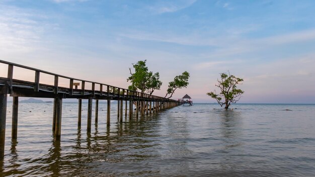 Puente de madera largo hacia el mar, hermosa vista del paisaje en Kohmak Tailandia.